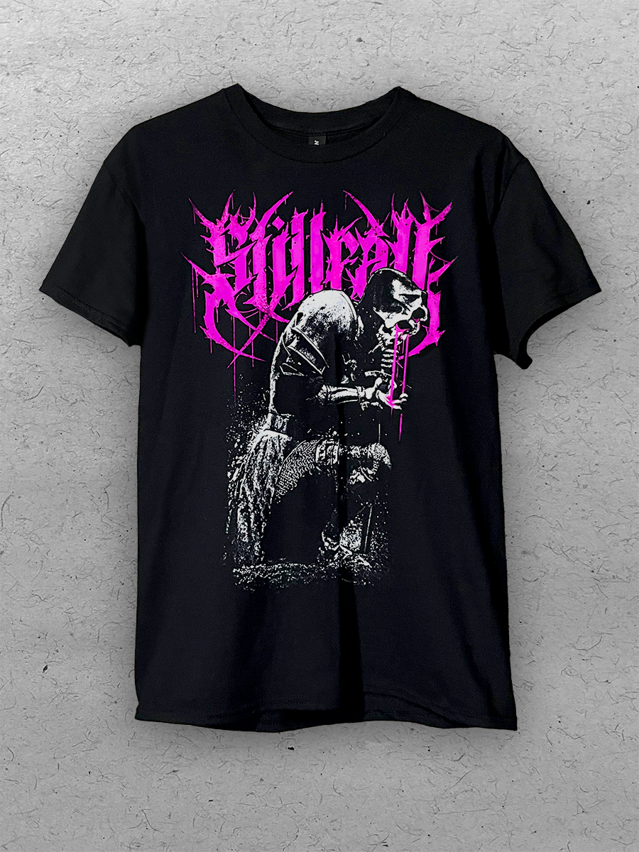 Black t-shirt with a kneeling knight, and a magenta "Stillfall" logo behind it