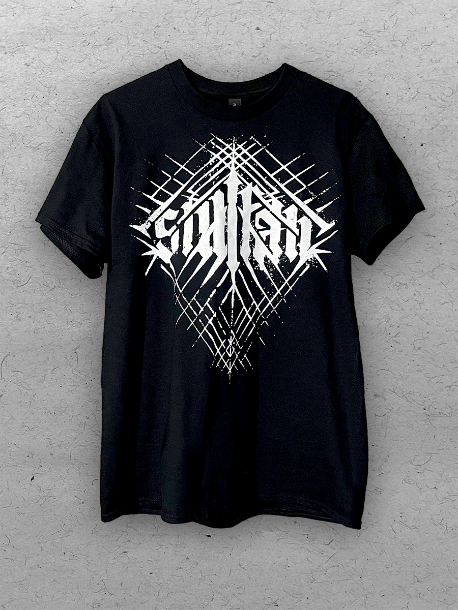 Black t-shirt with white latticed "Stillfall" logo