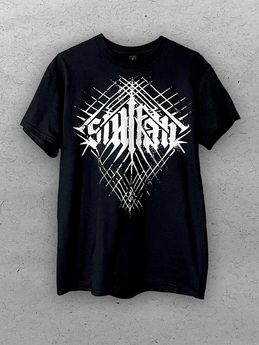 Black t-shirt with white latticed "Stillfall" logo